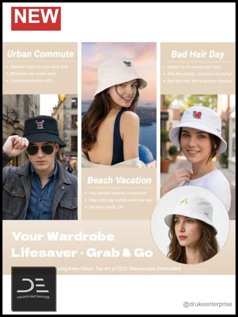 Embroidered Cotton Bucket Hat Packable Sun Cap for Travel